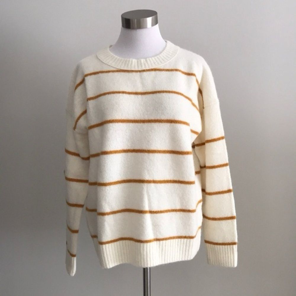 J Crew Alpaca Striped White and Tan Sweater